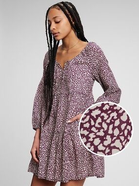 GAP Burgundy and Cream Printed Tiered Tunic Dress flowy leopard swing cotton med